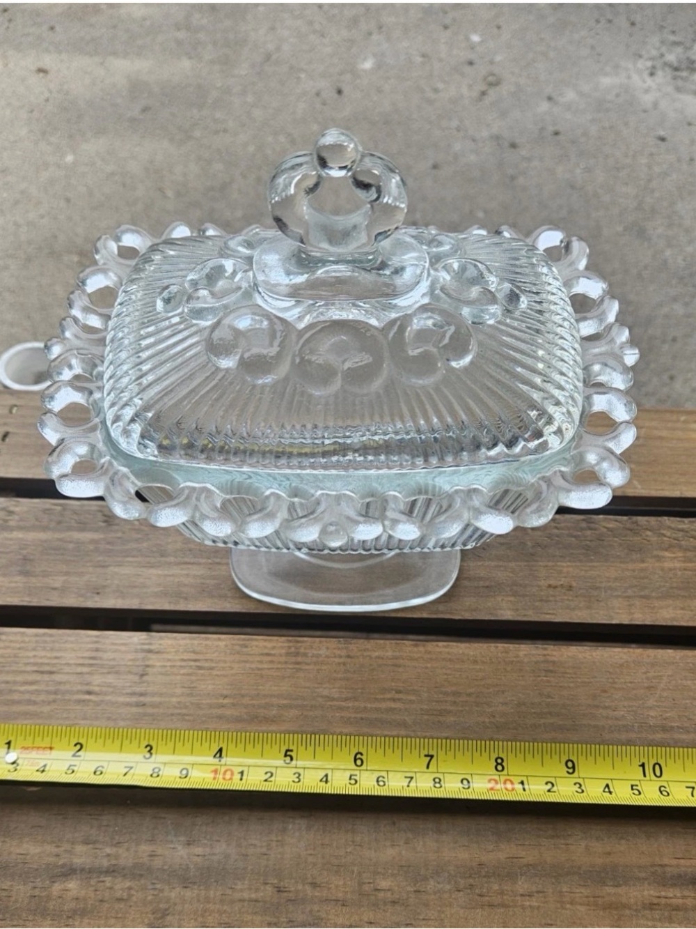 Vintage Indiana Glass Clear Covered Candy Dish Pedestal Lace Edge